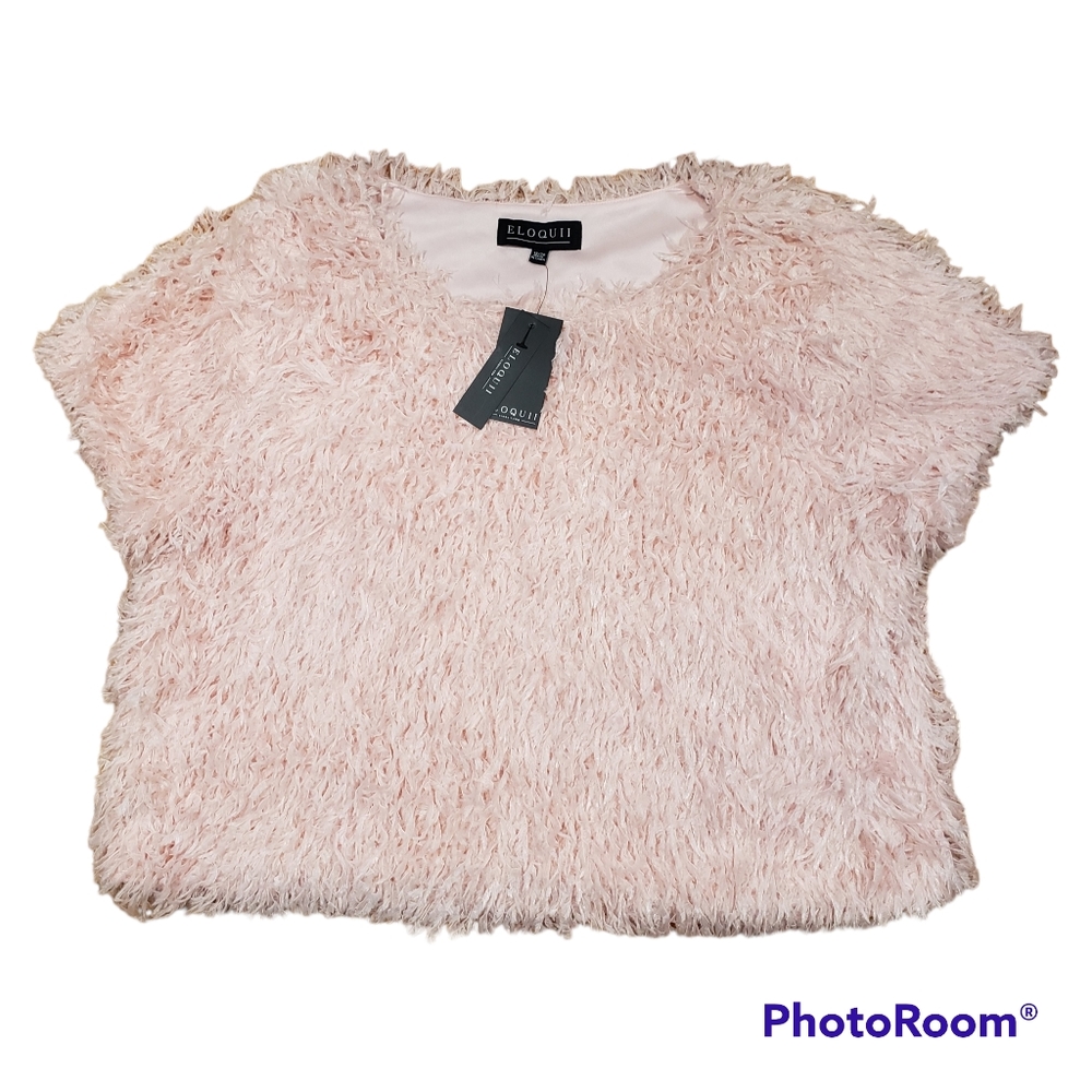 Eloquii Size 18/20 pink faux feather short sleeve crop top nwt